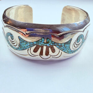 Native American Navajo Turquoise & Coral Sterling Silver BIG VTG Cuff Bracelet